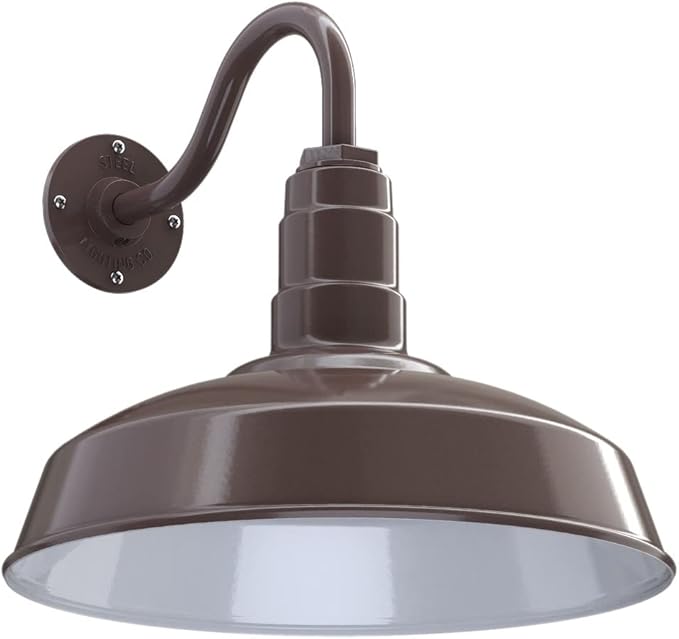 Steel Lighting Co. | Dusk to Dawn | Gardena Barn Light | Outdoor Wall Mounted | 16" Dome | 11" Gooseneck | Farmhouse Light Made in America | Dark Bronze Exterior/White Interior