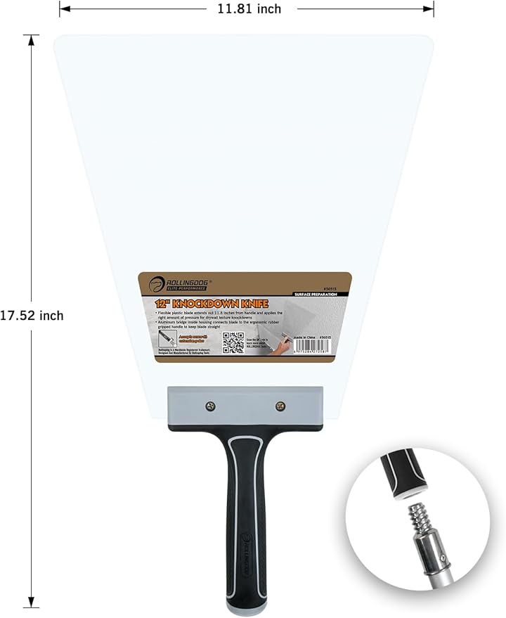 ROLLINGDOG 12 Inch Knockdown Knife - Threaded End Can be Attached to Extension Pole,Acrylic Plastic Blade,Ideal for Creating Knockdown Texture