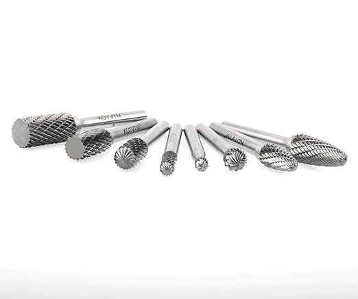Carbide Burr Set 1/4'' Shank Die Grinder Bits Double Cut Solid Tungsten Carbide Rotary Files Bits for Die Grinder Metal Carving Polishing Drilling Milling Cutting (8pcs)