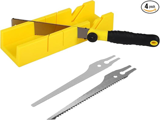 4 PCS Mitre Box and Saw Set, 3 Interchangeable Hand Saws with Fine Serrated Teeth, Yellow Miter Box with Multi-Angle Cutting Slots, Precision Cutting for DIY and Professional Projects