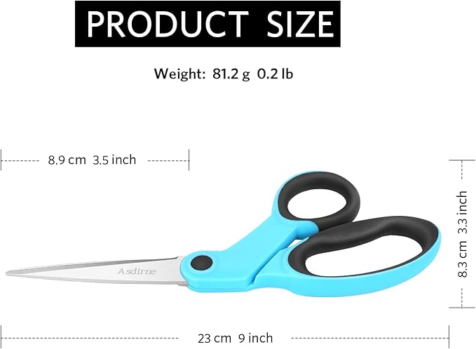 9" Fabric Scissors, Sewing Scissors with Sharp Stainless Steel Blade and Soft Handles, Great for Craft, Sewing, Office and All Purpose, 2 Pcs, Blue/Black