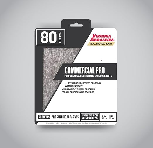 Virginia Abrasives 9??x 11??Commercial Pro Sandpaper Sanding Sheets, 80 grit, 20 Pack
