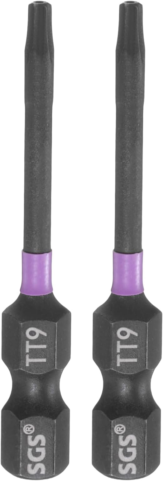 HARFINGTON 2pcs TT9 Torx Head Impact Screwdriver Bits 1/4" Hex Shank 2" (50mm) Long Magnetic Tamper Proof 6 Point Star Screw Driver Drill Bits Phosphate S2 Steel Power Tools with Hole