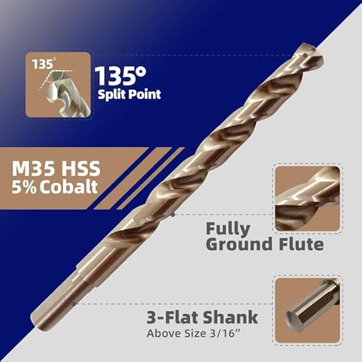 HIGHFIRE 29 PCS M35 Cobalt Drill Bit Set, HSS Twist Jobber Drill Bits with 135 Degrees Split Point and Three-Flat Shank, 3/8??Reduced Shank, Gold Oxide Metal Drill Bits Set (1/16??- 1/2??x 1/64??