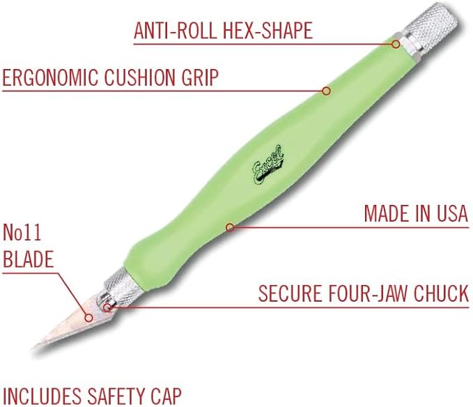 Excel Blades Fit Grip Craft Knife With #11 Ultra-Sharp Carbon Steel Angled Blade ??Precision Hobby Knife With Contoured Rubberized Grip For DIY, Art Crafts, And Model Projects ??Green, Made in the USA