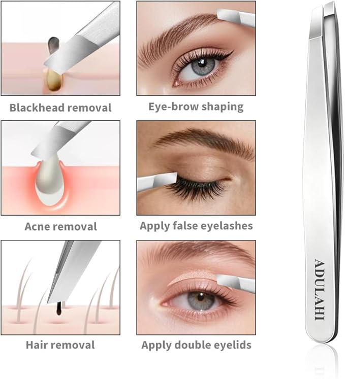 Professional Slant Tweezers for Eyebrows & Facial Hair - Precise Aligned Stainless Steel Remover with Storage Case