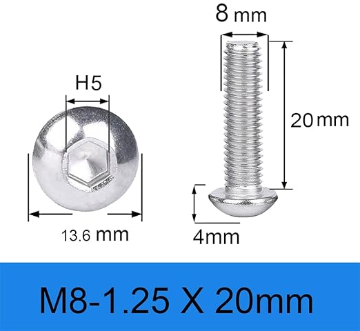 Metuja M8-1.25x20mm 25Pcs, Button Head Socket Cap Bolts Screws, Stainless Steel, Professional Set Screw, Clear and Complete Full Thread, Silver Bright Finish Furniture Bolt, Allen Hex Drive