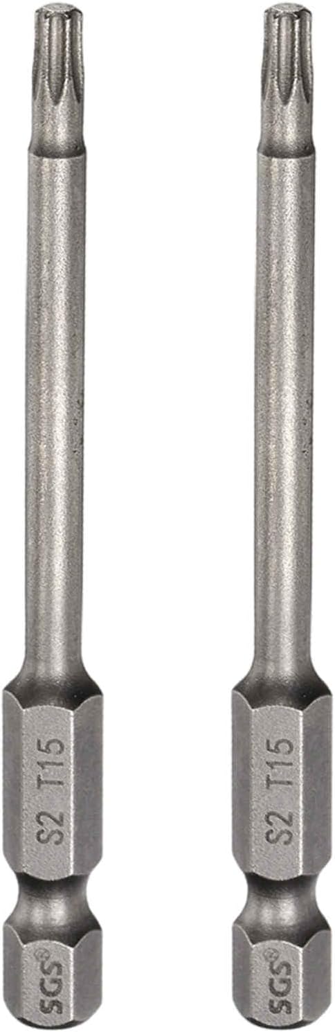 HARFINGTON 2pcs T15 Torx Head Screwdriver Bit 1/4" Hex Shank 3" (75mm) Long Magnetic No Hole Tip Tamper Proof 6 Point Star Screw Driver Drill Bits S2 Steel Industrial Power Screwdrivers
