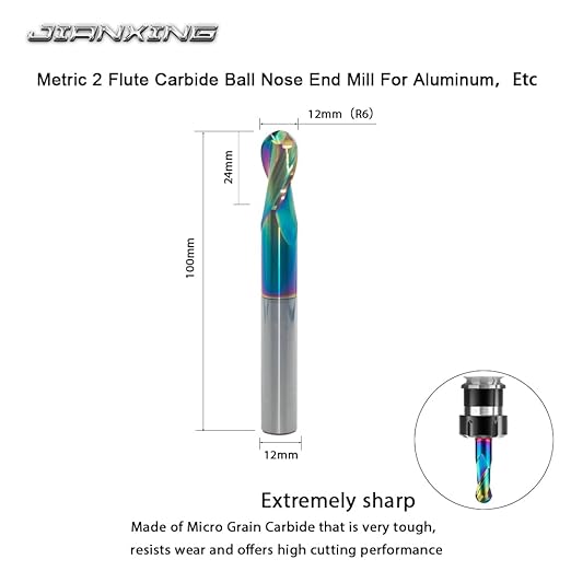 12mm R6 Extra Long DLC Coated 2-Flute Carbide Ball Nose End Mill, 100mm OAL, Ideal for Aluminum, Copper Alloys & Plastic Machining?밐igh Precision & Wear-Resistant Cutting Tool(1 Pack)