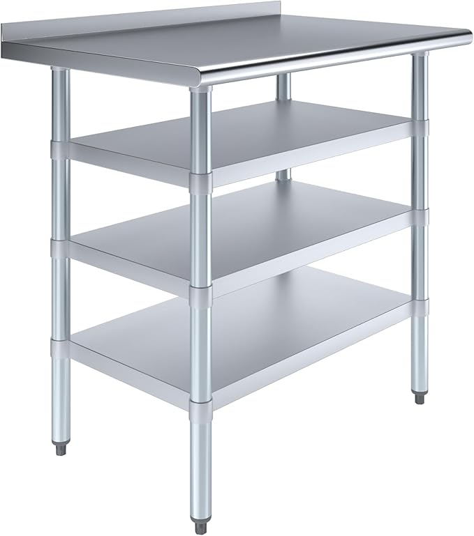 Stainless Steel Work Table with 1.5" Backsplash and 3 Shelves | Metal Kitchen Food Prep Table | NSF Certified (36" Long x 24" Deep)