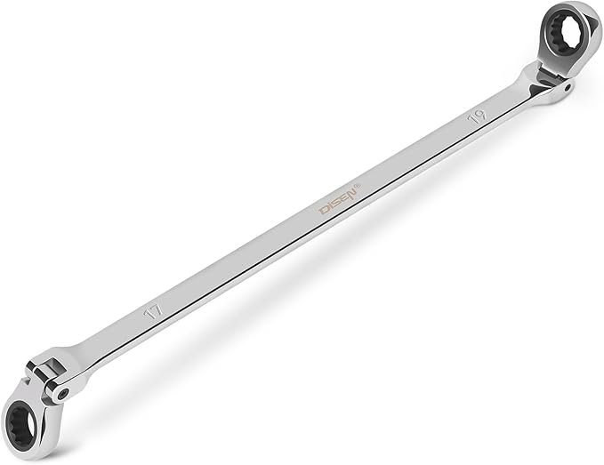 DISEN 17-19mm Extra Long Flex Head Ratcheting Wrench, Double Box End Long Reach Ratchet Wrench, CRV Steel, Metric