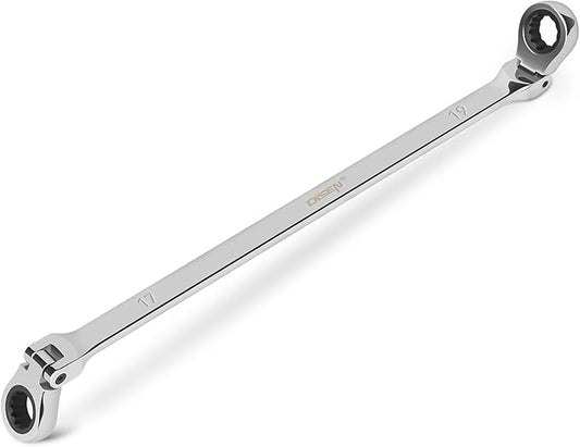 DISEN 17-19mm Extra Long Flex Head Ratcheting Wrench, Double Box End Long Reach Ratchet Wrench, CRV Steel, Metric
