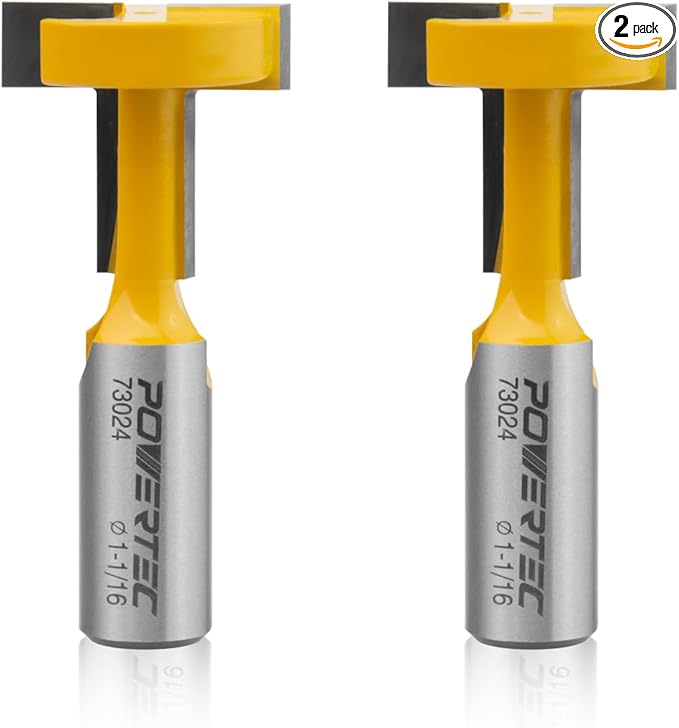 POWERTEC T Track Router Bit, Tungsten Carbide Tipped Router Bit, 1/2" Shank, 1-1/16" Dia., Slatwall, T Slot for Picture Frames, Plaque and Woodworking Projects, 2PK (73024-P2)