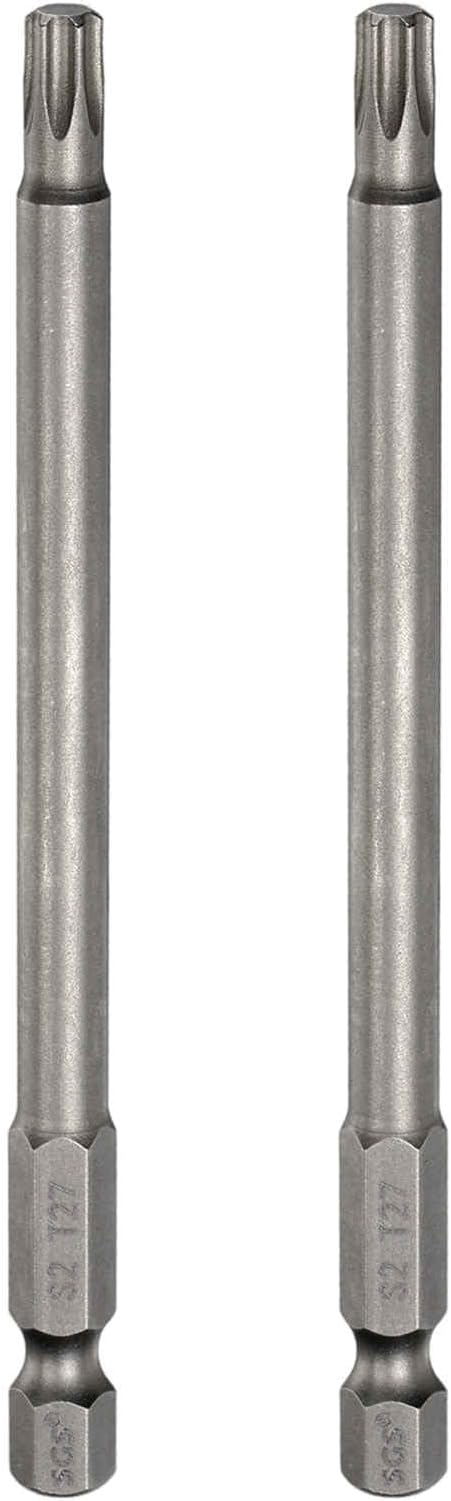 HARFINGTON 2pcs T27 Torx Head Screwdriver Bit 1/4" Hex Shank 4" (100mm) Long Magnetic No Hole Tip Tamper Proof 6 Point Star Screw Driver Drill Bits S2 Steel Industrial Power Screwdrivers