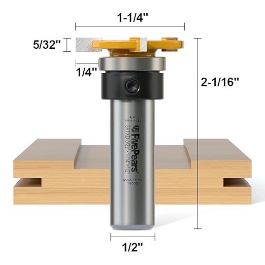 FIVEPEARS Top Bearing Slot Cutter Router Bit 1/2" Shank, 1-1/4" Cutting Dia, 5/32" Cutting Length, High Speed Steel, 1 Flute, V-Groove Cut, Slot and Undercut Bit for Woodworking