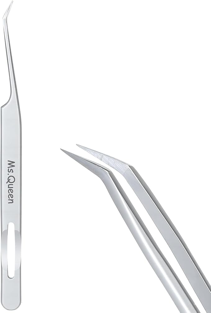 Ms.Queen Lash Tweezers for Eyelash Extensions,Professional Fine Tip 45 Degree Lash Tweezers for Volume Lash Extensions