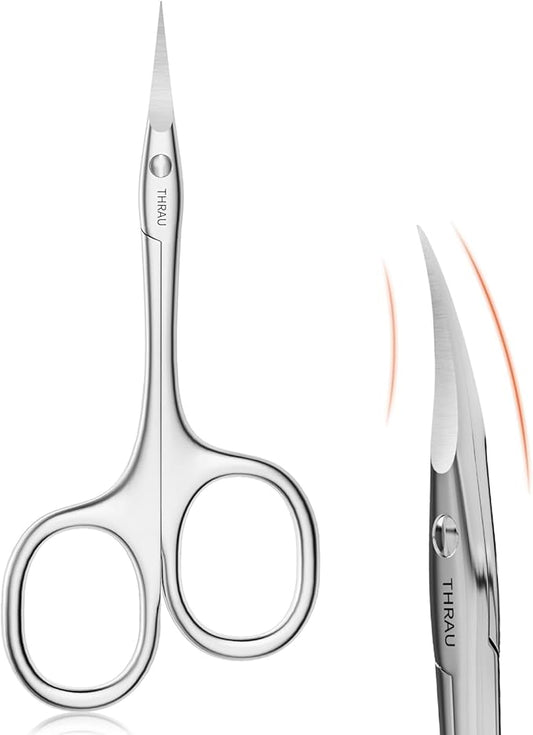 THRAU Left-Handed Cuticle Scissors ??Surgical Grade Stainless Steel with Sharp Curved Tip for Cuticles, Nails, Eyebrows, Eyelashes, Nose Hair & Beard ??Ideal for Manicure & Precise Grooming