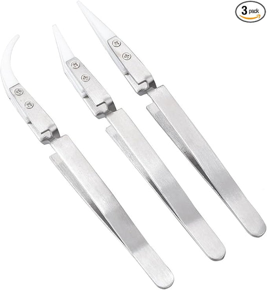 Maxmoral 3PCS Length 135mm Stainless Steel Reverse Ceramic Tweezers Set Pointed and Curved Tweezer High Temperature Resistance 3000 Degrees Fahrenheit Suitable for Precision Work Electronic Circuits