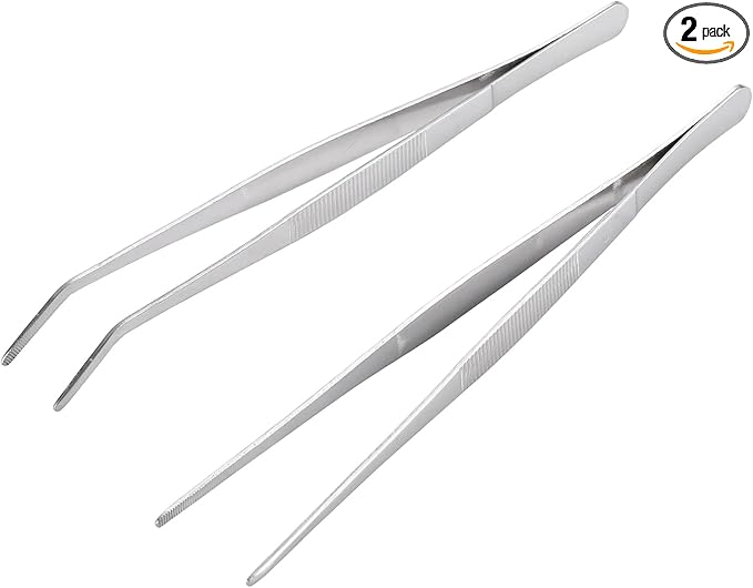 Miupoo Long Handle Stainless Steel Paint Straight and Curved Tweezers Nippers,Extra Long Precision Craft Tweezers Set with Serrated Tips,Silver,2 pieces,9.8Inches