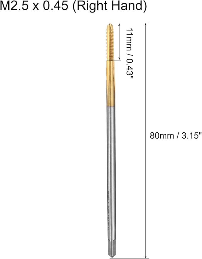 uxcell Metric Thread Tap M2.5 x 0.45 H2 80mm Straight Flute Screw Thread Milling Machine Taps Threading Tapping Repair Tool