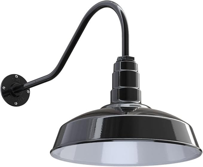 Steel Lighting Co. | Dusk to Dawn | Gardena Barn Light | Outdoor Wall Mounted | 16" Dome | 23" Gooseneck | Farmhouse Light Made in America | Black Exterior/White Interior