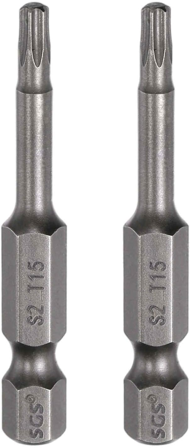 HARFINGTON 2pcs T15 Torx Head Screwdriver Bit 1/4" Hex Shank 2" (50mm) Long Magnetic No Hole Tip Tamper Proof 6 Point Star Screw Driver Drill Bits S2 Steel Industrial Power Screwdrivers
