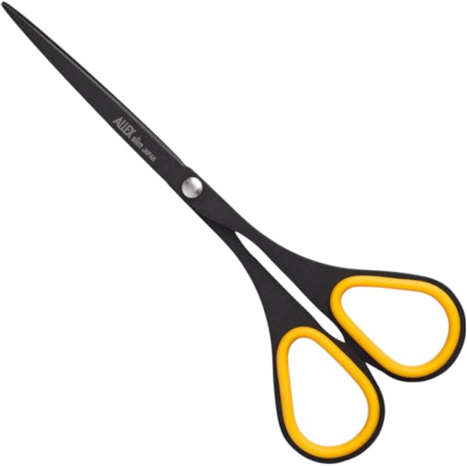 ALLEX Small Black Scissors for Office 5.5" [Non-Stick], All Purpose Slim & Thin Low Profile Scissors, Made in JAPAN, All Metal Japanese Stainless Steel Blade with Non-Slip Soft Ring, Black Yellow