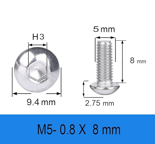 Metuja M5-0.8x8mm 50Pcs, Button Head Socket Cap Bolts Screws, Stainless Steel, Professional Set Screw, Clear and Complete Full Thread, Silver Bright Finish Furniture Bolt, Allen Hex Drive