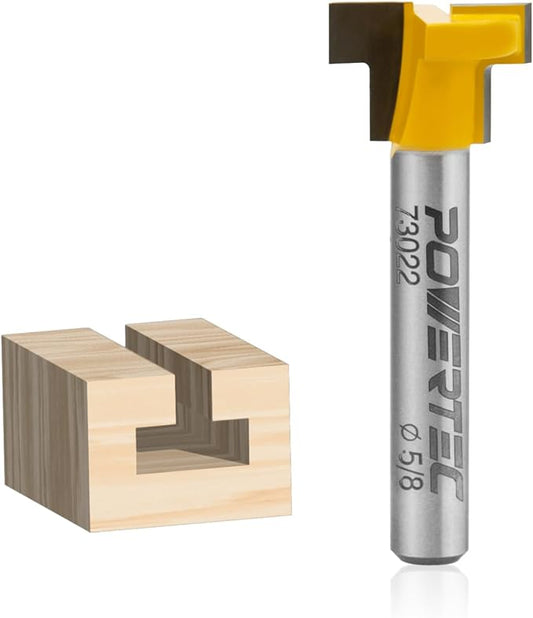 POWERTEC T Track Router Bit, Tungsten Carbide Tipped Router Bit, 1/4" Shank, 5/8" Dia., Slatwall, T Slot for Picture Frames, Compatible with 1/4" & 5/16" T Track Bolts (73022)