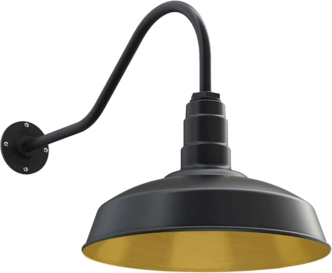 Steel Lighting Co. | Dusk to Dawn | Gardena Barn Light | Outdoor Wall Mounted | 16" Dome | 23" Gooseneck | Farmhouse Light Made in America | Matte Black Exterior/Brass Interior
