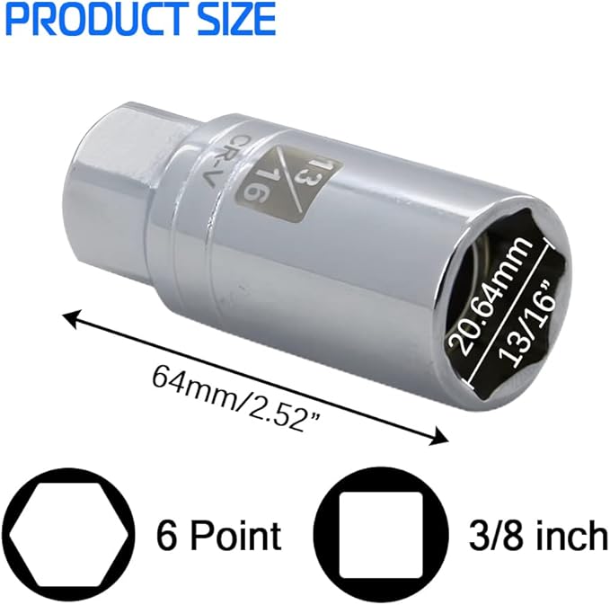 13/16-inch Magnetic Spark Plug Socket 3/8-inch Drive 6-Point Powerful Magnet Retains Spark Plugs Chrome Vanadium Steel