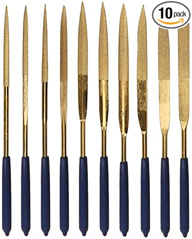 YAKAMOZ 10Pcs Titanium Small Diamond Needle File Set 4x160mm Mini Round Square Flat Shape Riffler Files Precision Hand Tools for Metal Glass Wood Stone Jewelry