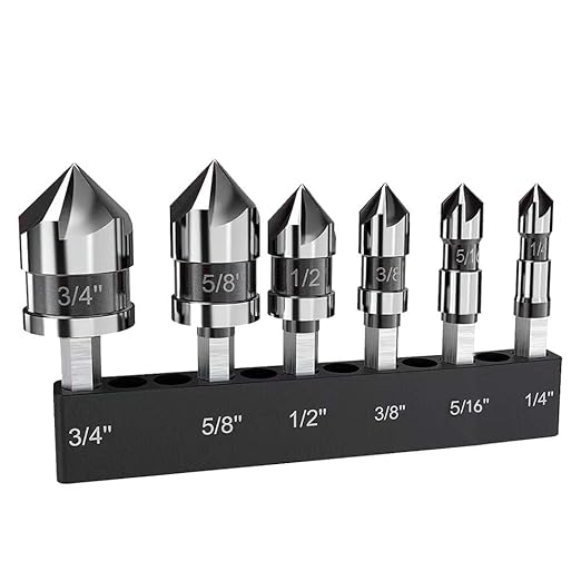 M35 Cobalt Countersink Drill Bit Pro-Grade 6pc Cobalt Countersink Bits Set | 5-Flute Design for Metal/Wood/Stainless Steel/Carbon Steel | Auto Repair & Marine Use | 1/4 Inch Quick Change Hex Shank