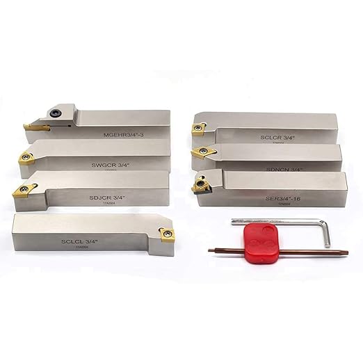OSCARBIDE 3/4"Shank Nickel Plated Indexable Lathe Turning Tool Holder 7 Pieces/Set,CNC Heavy-Duty Metal Lathe Tools for Turning Grooving Threading Cut Off Holders Set,Tin Coated Carbide Inserts