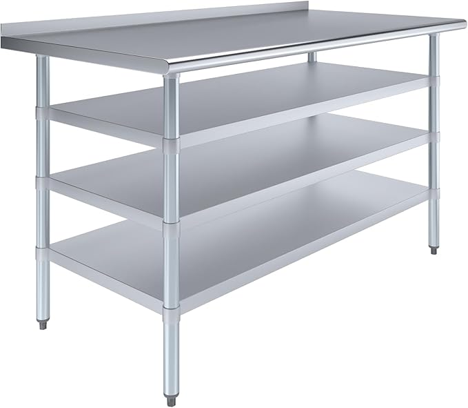 Stainless Steel Work Table with 1.5" Backsplash and 3 Shelves | Metal Kitchen Food Prep Table | NSF Certified (60" Long x 30" Deep)