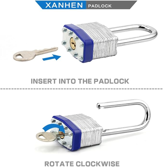 Laminated Steel Keyed Padlocks, 12 Pack, Blue, Keyed Alike, Long Shackle, 1-9/16" (40mm), For Hasp Latch, Sheds, Fences, Storage Locker, School, Gym