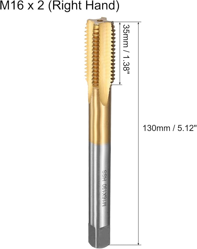 uxcell Metric Thread Tap M16 x 2 H2 130mm Straight Flute Screw Thread Milling Machine Taps Threading Tapping Repair Tool