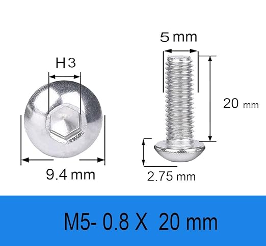 Metuja M5-0.8x20mm 25Pcs, Button Head Socket Cap Bolts Screws, Stainless Steel, Professional Set Screw, Clear and Complete Full Thread, Silver Bright Finish Furniture Bolt, Allen Hex Drive