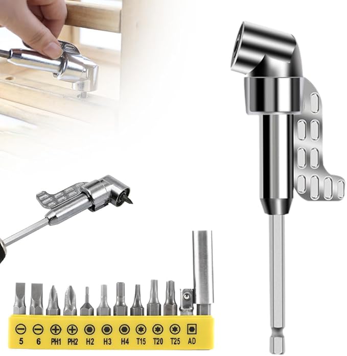 105 Degree Right Angle Drill Bit Holder, 2025 New Corner Tool Screw Hub with Multi-function Bend Screwdriver Bit, Angle Extension Bit Kit with 12 Screwdriver Bits for Household Work (Long)
