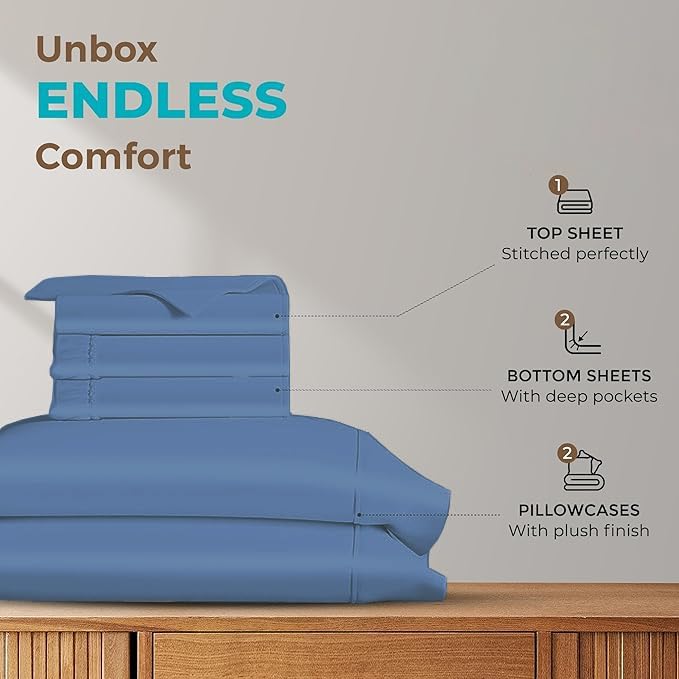 Silentnight Split California King Sheets for Adjustable Beds 5-Piece Split California King Sheet Set, 800 Thread Count 100% Egyptian Cotton,12" Deep Pocket Adjustable Bed Sheets, Medium Blue Solid