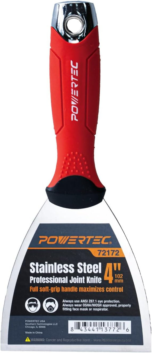 POWERTEC 6-Inch Stainless Steel Drywall Joint Knife - Flexible Blade, Soft Grip, for Patching, Taping, Scraping (72173)