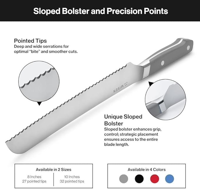 Misen Serrated Bread Knife - High-Carbon Japanese AUS8 Steel - Perfect for Soft Foods, Bread, Pastries, and Fruits - Verstatile Slicer, Razor-Sharp Edge, Durable Blade, Ergonomic Handle - 8", Red