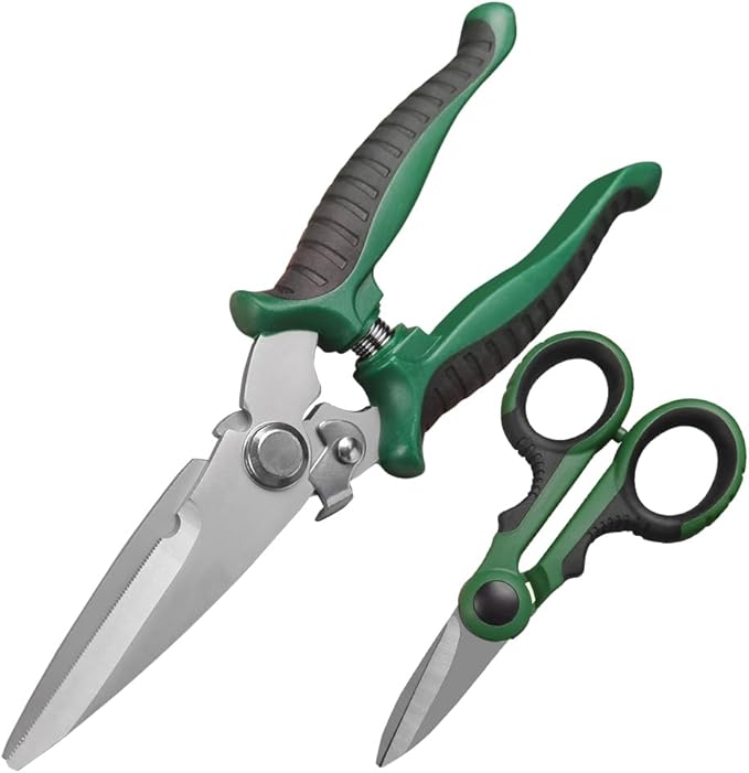 8" Scissors All Purpose, Ultra Sharp Stainless Steel Shears, Heavy Duty Straight Metal Cutter Serrated Edge for Cutting Cardboard, Thin Iron, Wire, Pruning, Gardening (8-In Straight Blades)