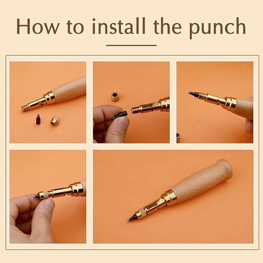 Adjustable Leather Hole Punch Automatic Screw Hole Punch Tool with Wood Color Wooden Handle Bookbinding Tool Leather Hole Punch with 6 Tips Size 1.5mm/2mm/2.5mm/3mm/3.5mm/4mm