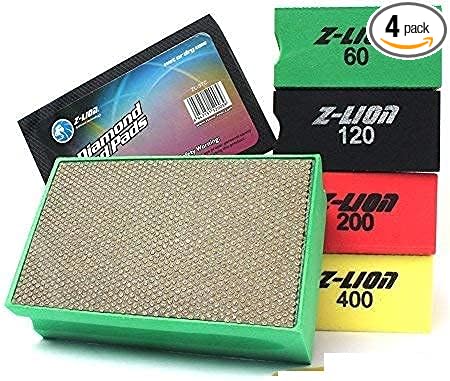 Z-Lion Diamond Hand Polishing Pads Electroplated Sanding Blocks Kit 4 Pcs Set Professional for Glass Stone Marble Tile Concrete 60#,120#,200#,400#