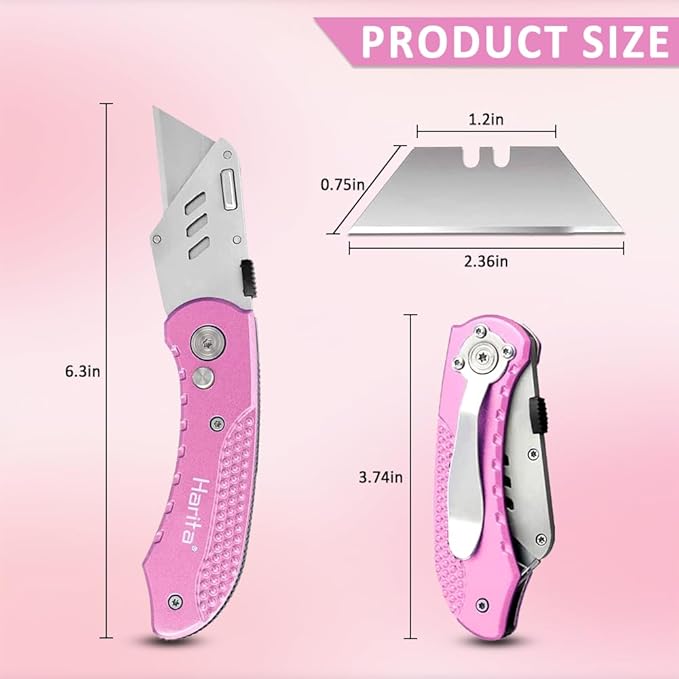 Box Cutter, Folding Utility Knife with Aluminum Handle, Heavy Duty Knife, Back-lock Mechanism, Stainless Belt Clip, for Carpet, Carton, Box, Cardboard, with 5-piece Extra Blades (Pink)