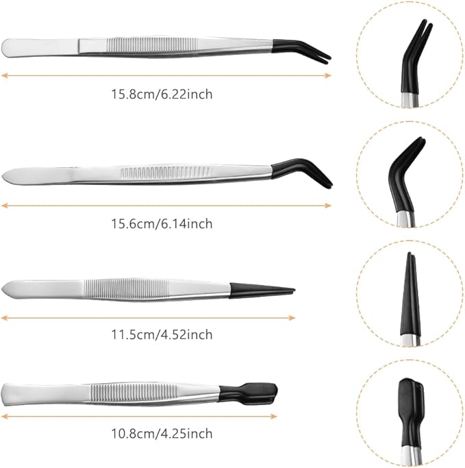 Ainiv 4pcs Tweezers with Rubber Tips, PVC Coated Tweezers Set, Rubber Straight/Flat/Long Curved Tips Non Marring Tweezers for Jewelry Crystals Bead, Crafts Making, Lab Stainless Steel Tweezer Tool