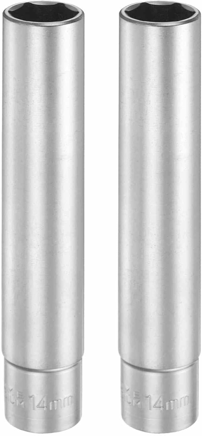 HARFINGTON 2pcs 6 Points Deep Socket 3/8" Drive 14mm Deep Metric CR-V Steel Polished Nickel Plating Flip Sleeve 120mm / 4.7" Extra Long Socket Tool for Home Auto Nuts Bolts Repair
