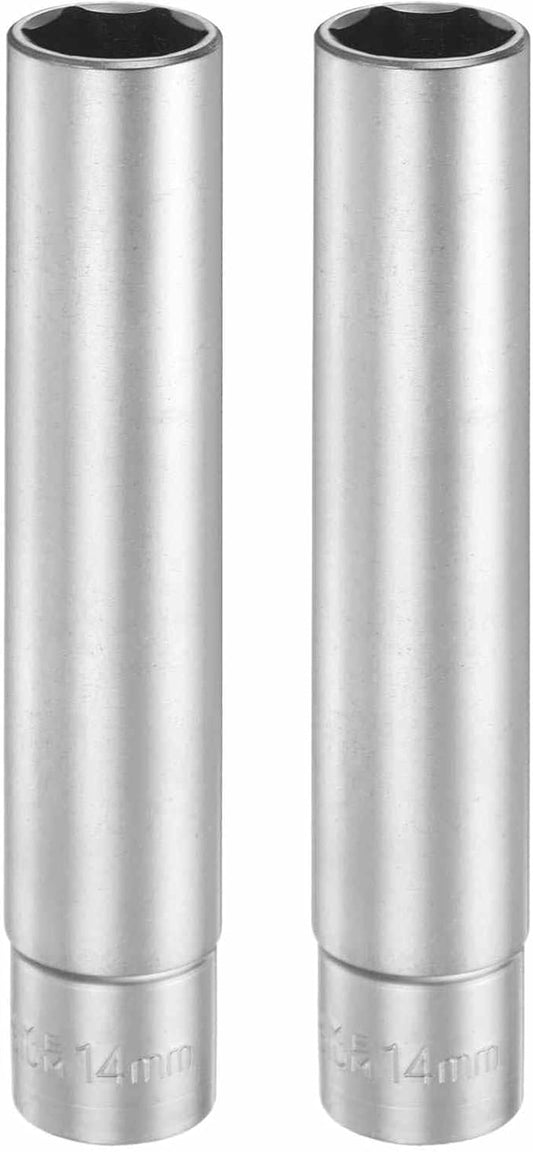 HARFINGTON 2pcs 6 Points Deep Socket 3/8" Drive 14mm Deep Metric CR-V Steel Polished Nickel Plating Flip Sleeve 120mm / 4.7" Extra Long Socket Tool for Home Auto Nuts Bolts Repair