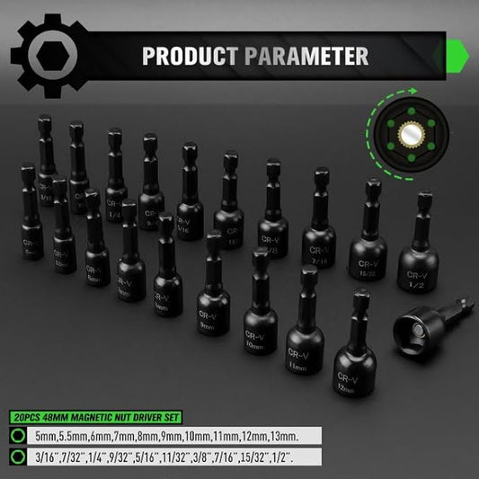 55-Piece Magnetic Nut Driver Set, Metric & SAE 1/4" Hex Shank, Impact Socket Adapters, Snappy Driver Bits, Drill Bit Extension, 14PCS Screwdriver Bit Set